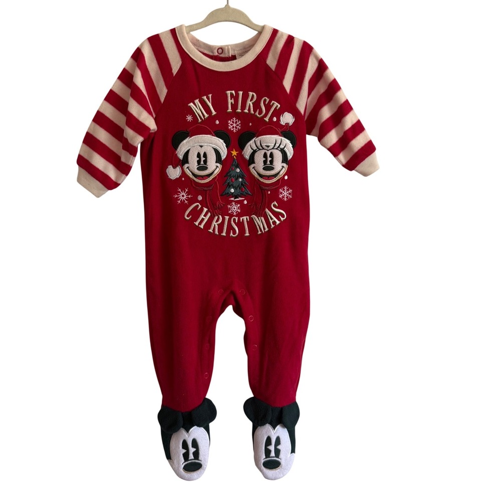 Disney Baby my first Christmas Mickey Minnie fleece one piece sleeper pj 9-12m
